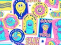 Seamless pattern with funny stickers, cartoon characters, greek statues, emoji, Earth, planet in psychedelic weird style