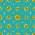 Seamless pattern with funny sunflowers and bees. Decorative smiling plants Royalty Free Stock Photo