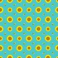 Seamless pattern with funny sunflowers with bees. Decorative smiling plants. Vector Royalty Free Stock Photo