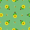 Seamless pattern with funny sunflowers in pots with bees. Decorative smiling plants Royalty Free Stock Photo