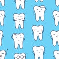 Seamless pattern with funny teeth expressing different emotions. Backdrop with friendly cartoon characters on blue