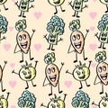 Seamless pattern with funny vegetables and hearts. Royalty Free Stock Photo