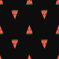 Seamless pattern with the watermelon slices with eyes and smile. Vector illustration in cartoon style Royalty Free Stock Photo