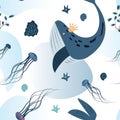 seamless pattern with funny whales and cute jellyfish