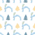 Seamless pattern with funny winter rabbit and Christmas trees