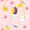 Seamless pattern funny yellow giraffe and kind hedgehog flying on clouds. Giraffe head, Daisy, pink background suitable for images Royalty Free Stock Photo