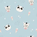 Seamless pattern with funny zebra, panda and ice cream on blue background