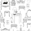 Seamless pattern of furniture and decorative elements for interiors in the style of Provence. Hand-drawn vector illustration Royalty Free Stock Photo