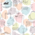 Seamless pattern of furniture and decorative elements for interiors in the style of Provence. Hand-drawn vector illustration. Royalty Free Stock Photo