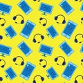 Seamless pattern with gadgets: phones, headphones and monitors.