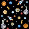 Seamless pattern galaxy with planets clip art. Cute Astronaut and rocket in space isolated on black background