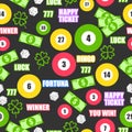 Seamless pattern with game balls, money, gold, clever and bones for lottery.