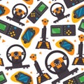 Seamless pattern with gamepads, pc controllers and joystick for video game playing on white background. Repeat design for players