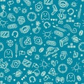 Seamless pattern of gaming objects. Stuff related to gaming industry. Vector illustration in doodle style