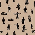 Seamless pattern with gangsters and vintage car silhouettes. Grunge print. Vector illustration.