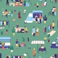 Seamless pattern with garage sale, outdoor festival, summer fair. Backdrop with food trucks, people walking, buying and