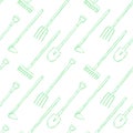 Seamless pattern with garden equipments: shovels, spades, rakes, hoes, pitchforks. Vector backgrounds and textures