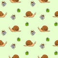 Seamless pattern with garden pests, insects: snails, Colorado Potato beetle, bugs, aphids. Topic of gardening, farming