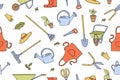 Seamless pattern of garden tools in doodle style. Watering can, hoe, bucket, hose, pitchfork, shovel, wheelbarrow Royalty Free Stock Photo