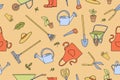 Seamless pattern of garden tools in doodle style. Watering can, hoe, bucket, hose, pitchfork, shovel, wheelbarrow Royalty Free Stock Photo