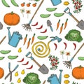 Seamless Pattern. Garden Tools, Fruits, Vegetables