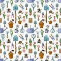 Seamless pattern with garden tools, tulips, flowers in pots, watering cans, scissors, bees. Royalty Free Stock Photo