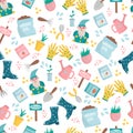 Seamless pattern with garden tools. Vector illustration of garden elements watering can, seeds, soil, plant, flowers, rake and Royalty Free Stock Photo