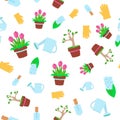 Seamless pattern garden tools watering can, shovels, rakes and gloves, potted tulips. Royalty Free Stock Photo