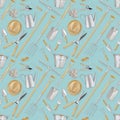 Seamless pattern with gardening equipment and garden tools with wooden handle, top view isolated on light blue background. Wrapper