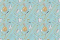 Seamless pattern with gardening equipment and garden tools with wooden handle, top view isolated on light blue background. Wrapper Royalty Free Stock Photo