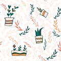 Seamless pattern. Gardening hand drawn plants in pots and leaves Royalty Free Stock Photo