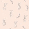 Seamless pattern. Gardening hand drawn plants in pots and leaves Royalty Free Stock Photo