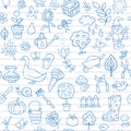 Seamless pattern of gardening objects are drawn on a notebook in a ruler.