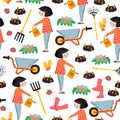 Seamless pattern Gardening. Spring or summer design with woman watering flowers, vegetables, garden tools, wheelbarrow