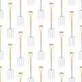 Seamless pattern with gardening tool and garden equipment, fork with wooden handle, isolated top view on white background. Wrapper