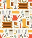 Seamless pattern of gardening tools isolated on a beige background.