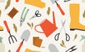 Seamless pattern of gardening tools isolated on a beige background.