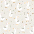 Seamless pattern with geese and flowers. Vector illustration Royalty Free Stock Photo