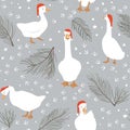 Seamless pattern of geese and geese paws imprints. Winter background with snow and pine branches. Vector illustration in Royalty Free Stock Photo