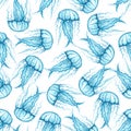 Seamless pattern with gentle blue transparent jellyfish on a white background. Watercolor illustration. Marine backgrounds. For Royalty Free Stock Photo