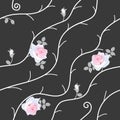 Seamless pattern with gentle light pink roses, little buds and abstract white branches isolated on black background in vector. Royalty Free Stock Photo