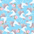 Seamless pattern with gentle pink roses and cute unicorns with manes in shape of viburnum leaves in blue sky. Print for fabric