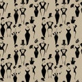 Seamless pattern with Gentleman and Lady symbols, vintage style, black silhouette on brown background. Retro design.