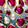 seamless pattern of geode crystal, ruby, pearl, gold water drops surrealistic illuminating illustration Royalty Free Stock Photo