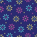 Seamless pattern of geometric abstract flowers of different colors on a dark blue background, daisies, asters. Vector illustration Royalty Free Stock Photo
