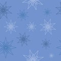 Seamless pattern of geometric dark blue and white snowflakes different sizes on blue background. Flat style winter holiday and Royalty Free Stock Photo
