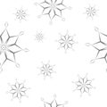 Seamless pattern of geometric dark grey hollow snowflakes different sizes on white background. Flat style winter holiday and Happy Royalty Free Stock Photo