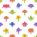 Seamless Pattern With Geometric Figures Characters. Square, Circle, Triangle, And Rectangle, Star, Rhombus