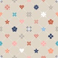 seamless pattern of geometric icons hearts flowers. Gray pink simple quilt style background.