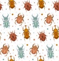 Seamless pattern with geometric insects and polka on a white background. Vector texture with stag beetle, flying ant, ladybug